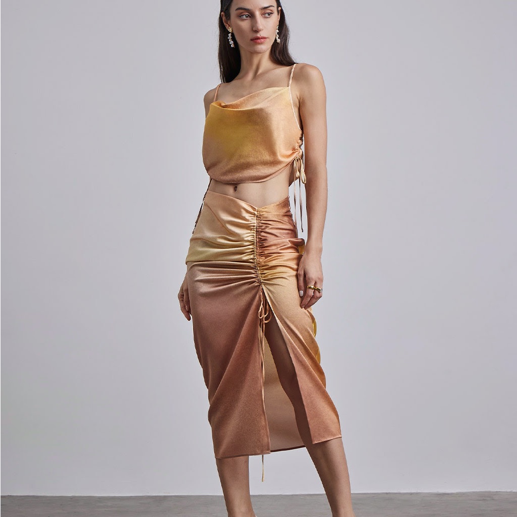 Silk Maison 2-Piece Golden Tala Ruched Silk Midi Dress Set - Gold Gradient, Xs